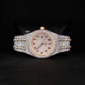 Gold Tone Arabic Dial Two Tone Full Iced Out Moissanite Diamond Watch