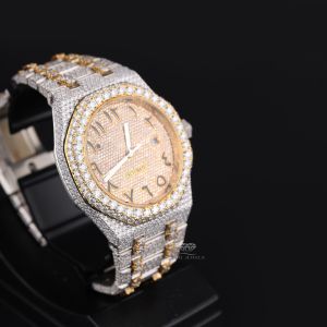 Gold Tone Arabic Dial Two Tone Full Iced Out Moissanite Diamond Watch