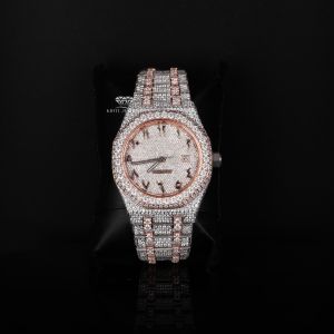 Rose Gold Tone Arabic Dial Luxury Full Iced Out Moissanite Diamond Watch
