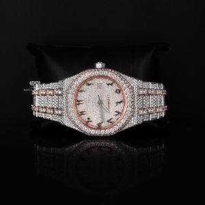 Rose Gold Tone Arabic Dial Luxury Full Iced Out Moissanite Diamond Watch