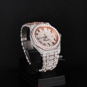 Rose Gold Tone Arabic Dial Luxury Full Iced Out Moissanite Diamond Watch