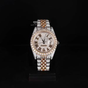 Two Tone Gold Silver Roman Dial Luxury Full Iced Out Moissanite Diamond Watch