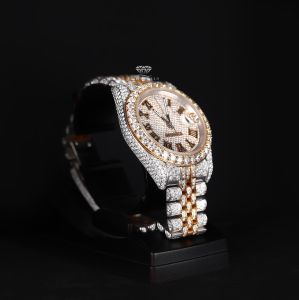 Two Tone Gold Silver Roman Dial Luxury Full Iced Out Moissanite Diamond Watch