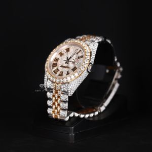 Two Tone Gold Silver Roman Dial Luxury Full Iced Out Moissanite Diamond Watch