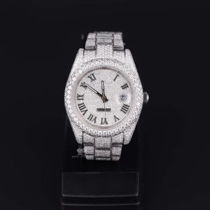White Tone Roman Dial Full Iced Out Moissanite Diamond Watch