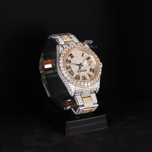 White Yellow Tone Roman Dial Luxury Full Iced Out Moissanite Diamond Watch