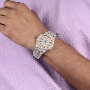 White Yellow Tone Stick Dial Full Iced Out Moissanite Diamond Watch