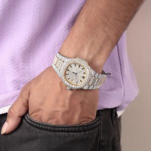 White Yellow Tone Stick Dial Full Iced Out Moissanite Diamond Watch