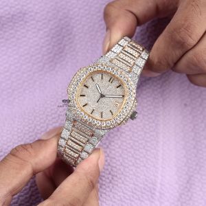 White Yellow Tone Stick Dial Full Iced Out Moissanite Diamond Watch