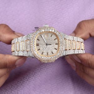 White Yellow Tone Stick Dial Full Iced Out Moissanite Diamond Watch