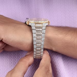 White Yellow Tone Stick Dial Full Iced Out Moissanite Diamond Watch