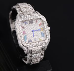 White Tone Square Rainbow Full Iced Out Moissanite Diamond Watch