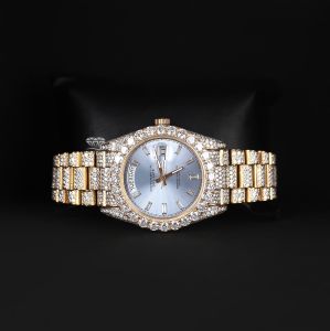 Ice Blue Dial Yellow Tone Iced Out Moissanite Diamond Watch