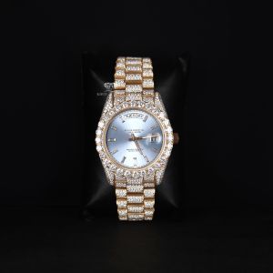 Ice Blue Dial Yellow Tone Iced Out Moissanite Diamond Watch