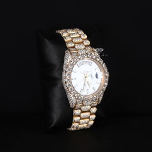 Ice Blue Dial Yellow Tone Iced Out Moissanite Diamond Watch
