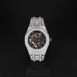 Round Skeleton Dial White Tone Iced Out Moissanite Diamond Watch