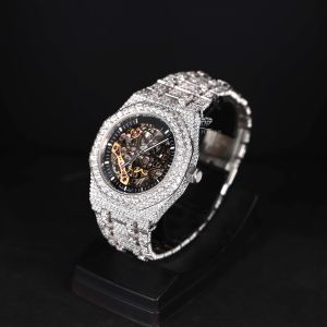 Round Skeleton Dial White Tone Iced Out Moissanite Diamond Watch