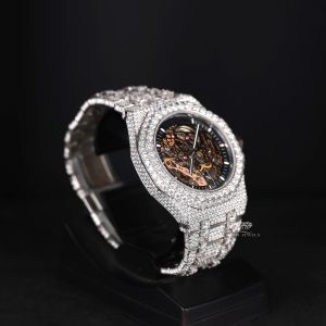 Round Skeleton Dial White Tone Iced Out Moissanite Diamond Watch