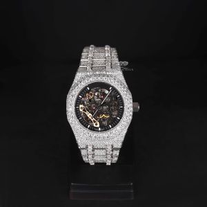 Round Skeleton Dial White Tone Iced Out Moissanite Diamond Watch