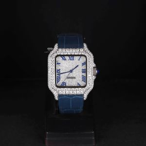 White Tone Blue Roman Dial Leather Strap Luxury Square Diamond Watch