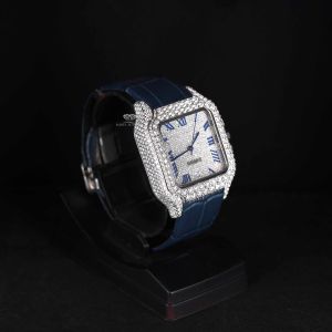 White Tone Blue Roman Dial Leather Strap Luxury Square Diamond Watch