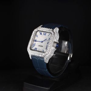 White Tone Blue Roman Dial Leather Strap Luxury Square Diamond Watch