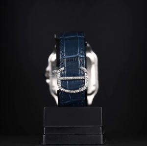 White Tone Blue Roman Dial Leather Strap Luxury Square Diamond Watch