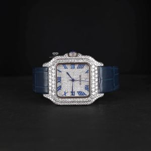 White Tone Blue Roman Dial Leather Strap Luxury Square Diamond Watch