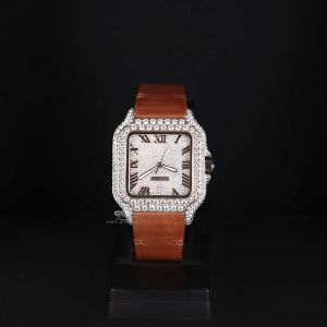 Square Case Brown Leather Strap White Tone Iced Moissanite Diamond Watch