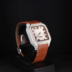 Square Case Brown Leather Strap White Tone Iced Moissanite Diamond Watch
