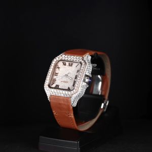 Square Case Brown Leather Strap White Tone Iced Moissanite Diamond Watch