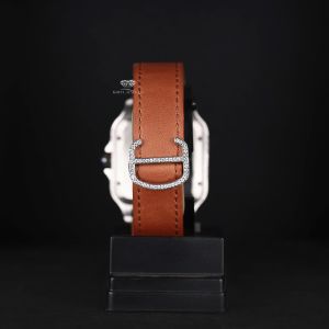 Square Case Brown Leather Strap White Tone Iced Moissanite Diamond Watch