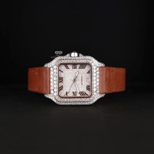 Square Case Brown Leather Strap White Tone Iced Moissanite Diamond Watch