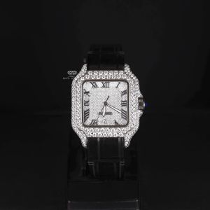 Square Case Black Leather Strap White Tone Iced Moissanite Diamond Watch