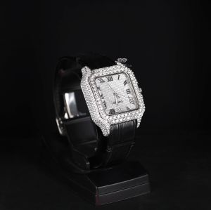 Square Case Black Leather Strap White Tone Iced Moissanite Diamond Watch