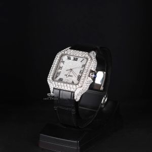 Square Case Black Leather Strap White Tone Iced Moissanite Diamond Watch