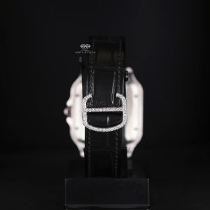 Square Case Black Leather Strap White Tone Iced Moissanite Diamond Watch