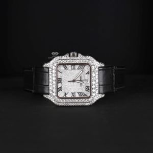 Square Case Black Leather Strap White Tone Iced Moissanite Diamond Watch