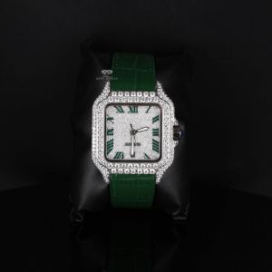 Square Case Green Leather Strap White Tone Iced Diamond Watch