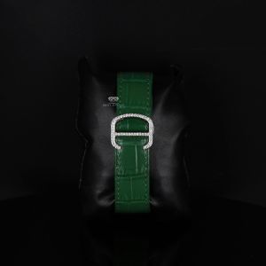 Square Case Green Leather Strap White Tone Iced Diamond Watch