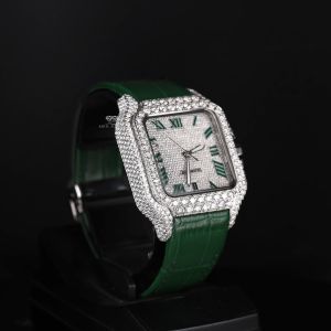 Square Case Green Leather Strap White Tone Iced Diamond Watch