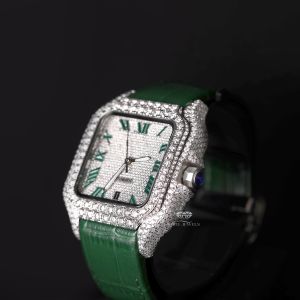 Square Case Green Leather Strap White Tone Iced Diamond Watch