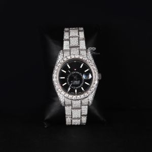 Black Dial Round Case White Tone Iced Out Moissanite Diamond Watch