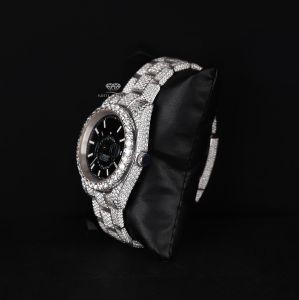 Black Dial Round Case White Tone Iced Out Moissanite Diamond Watch