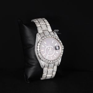 Black Dial Round Case White Tone Iced Out Moissanite Diamond Watch