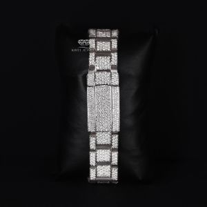 Black Dial Round Case White Tone Iced Out Moissanite Diamond Watch