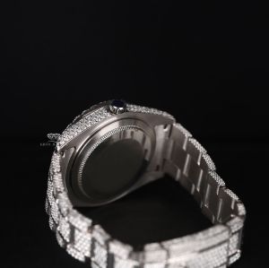 Black Dial Round Case White Tone Iced Out Moissanite Diamond Watch