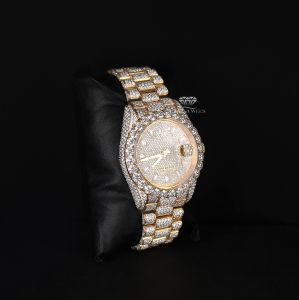 Yellow Tone Round Case Iced Bezel Yellow Tone Diamond Watch