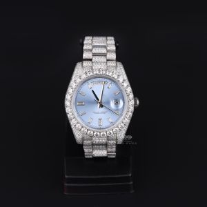 Ice Light Blue Dial Round Case White Tone Iced Diamond Watch