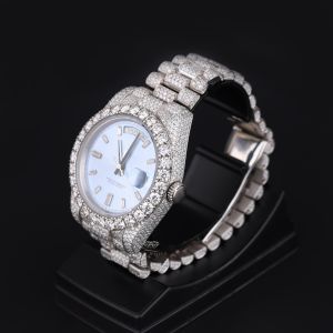 Ice Light Blue Dial Round Case White Tone Iced Diamond Watch